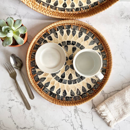 Round Rattan Tray with Black & Ivory Capiz Shell Inlay