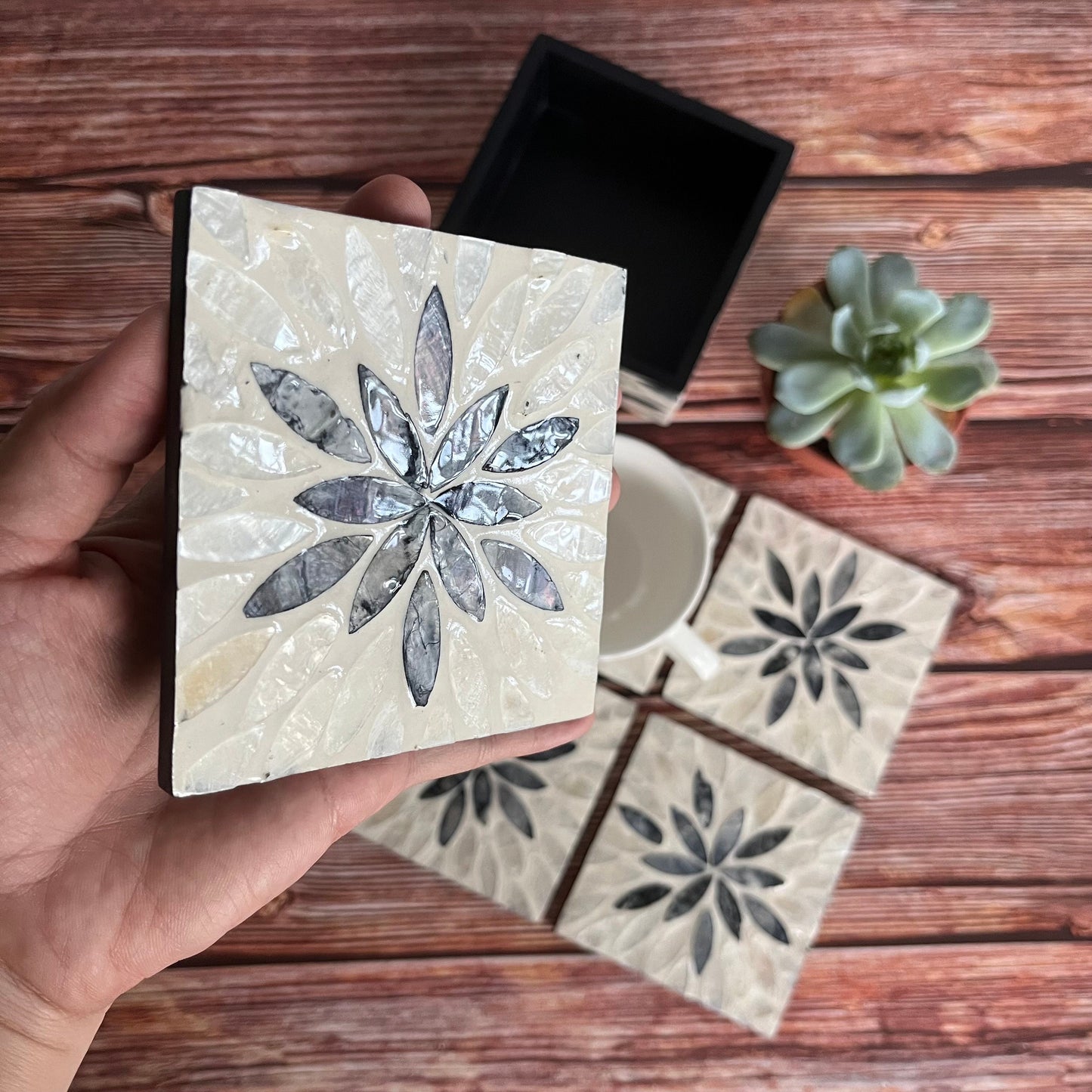 Black Floral Capiz Shell Coaster Set with Holder – Handmade Square Coasters
