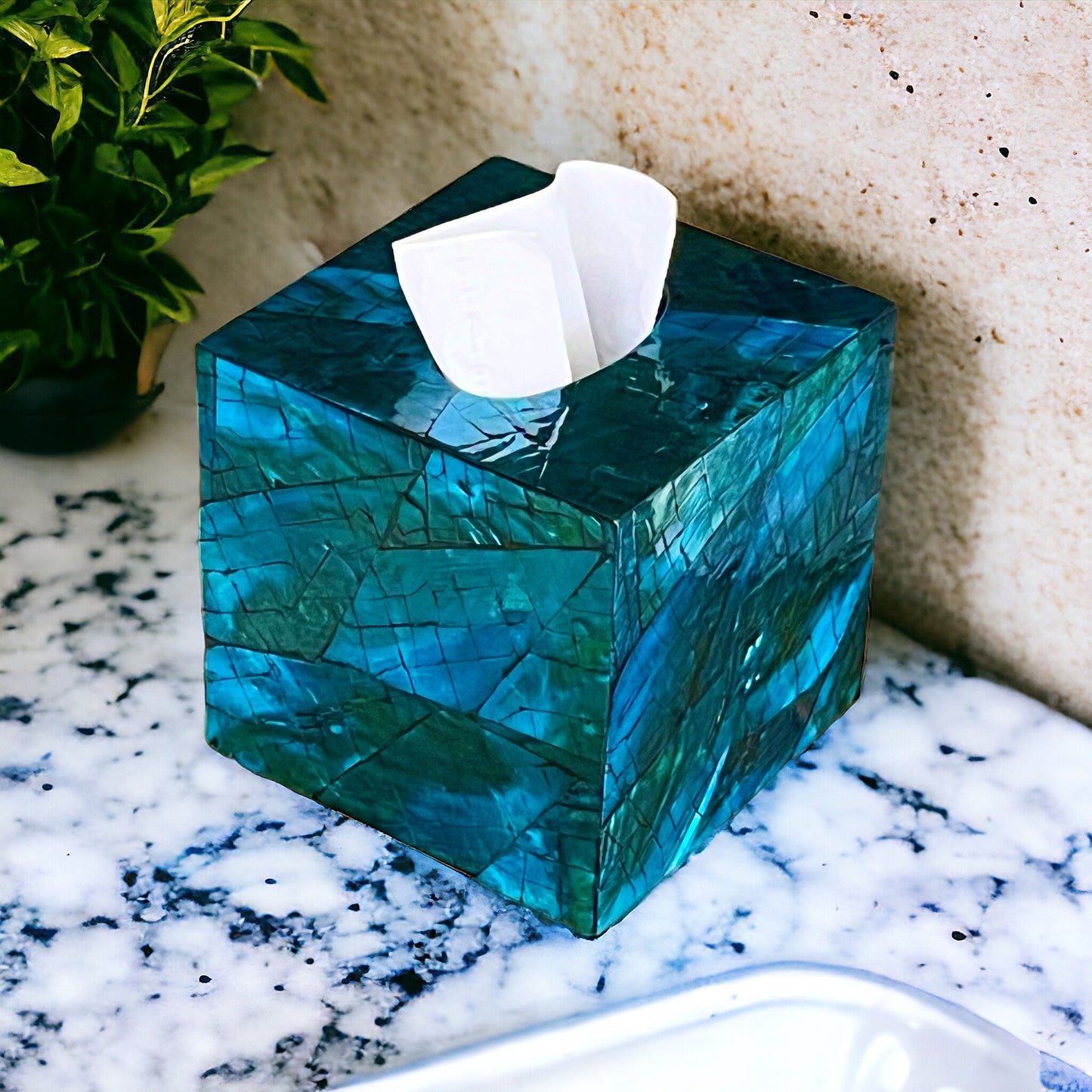 Blue Teal Square Mother of Pearl Tissue Box Cover