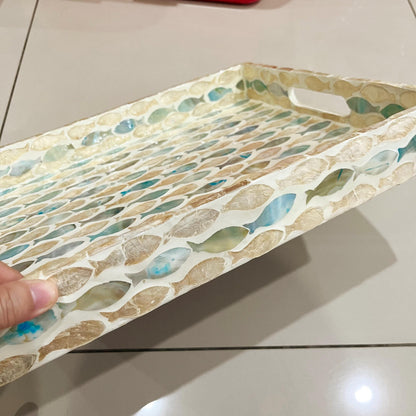 Rectangular Mother of Pearl & Capiz Shell Fish Pattern Inlay Tray