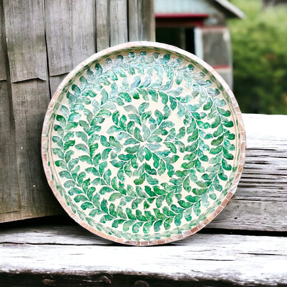 Round Capiz Shell Inlay Tray with Green Leaf Pattern – Decorative Coffee & Serving Tray