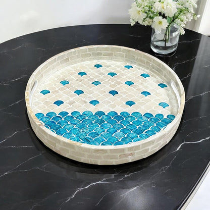 Round Mother of Pearl & Capiz Shell Scallop Inlay Tray in Blue & Ivory