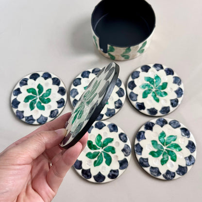 Green Floral Capiz Shell Coaster Set with Holder