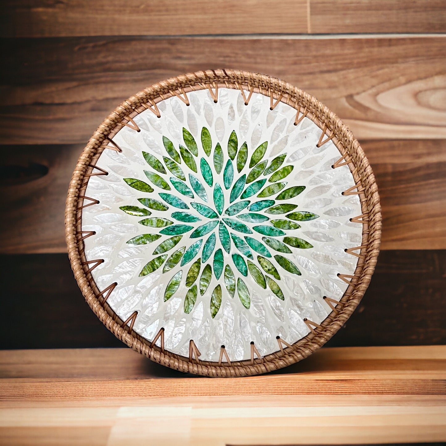 Round Rattan Tray with Green Capiz Shell Leaf Mosaic