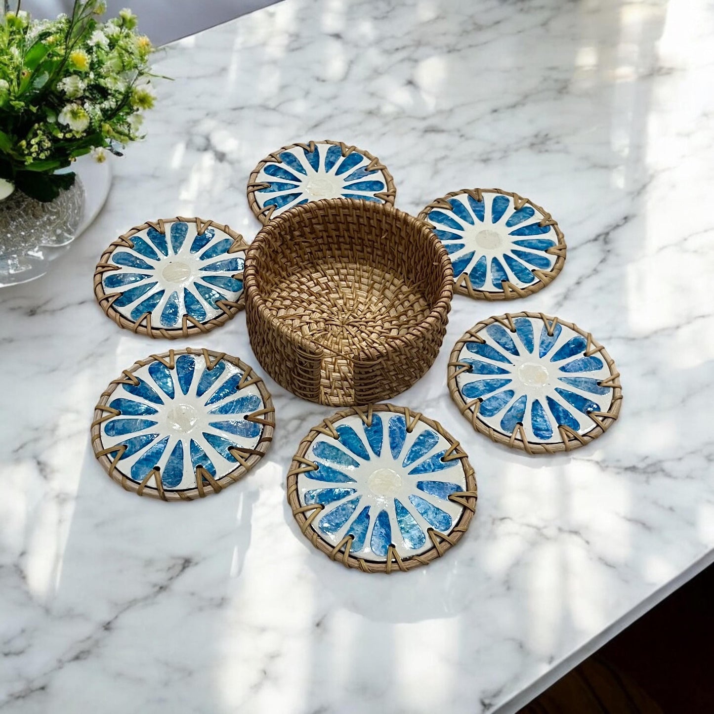 Blue Capiz Shell & Rattan Coaster Set with Handwoven Holder