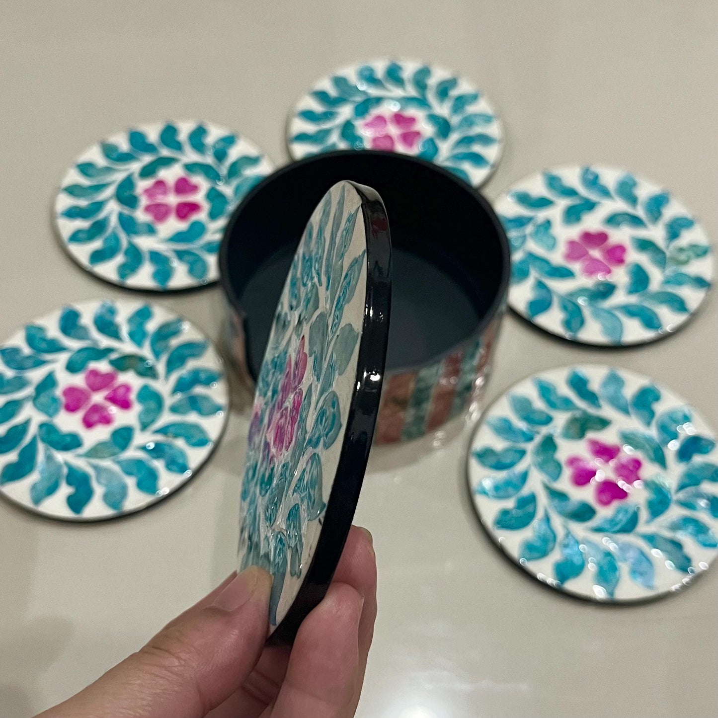 Capiz Shell Coasters Set: Blue Leaves, Pink Flowers, Round Coasters with Holder