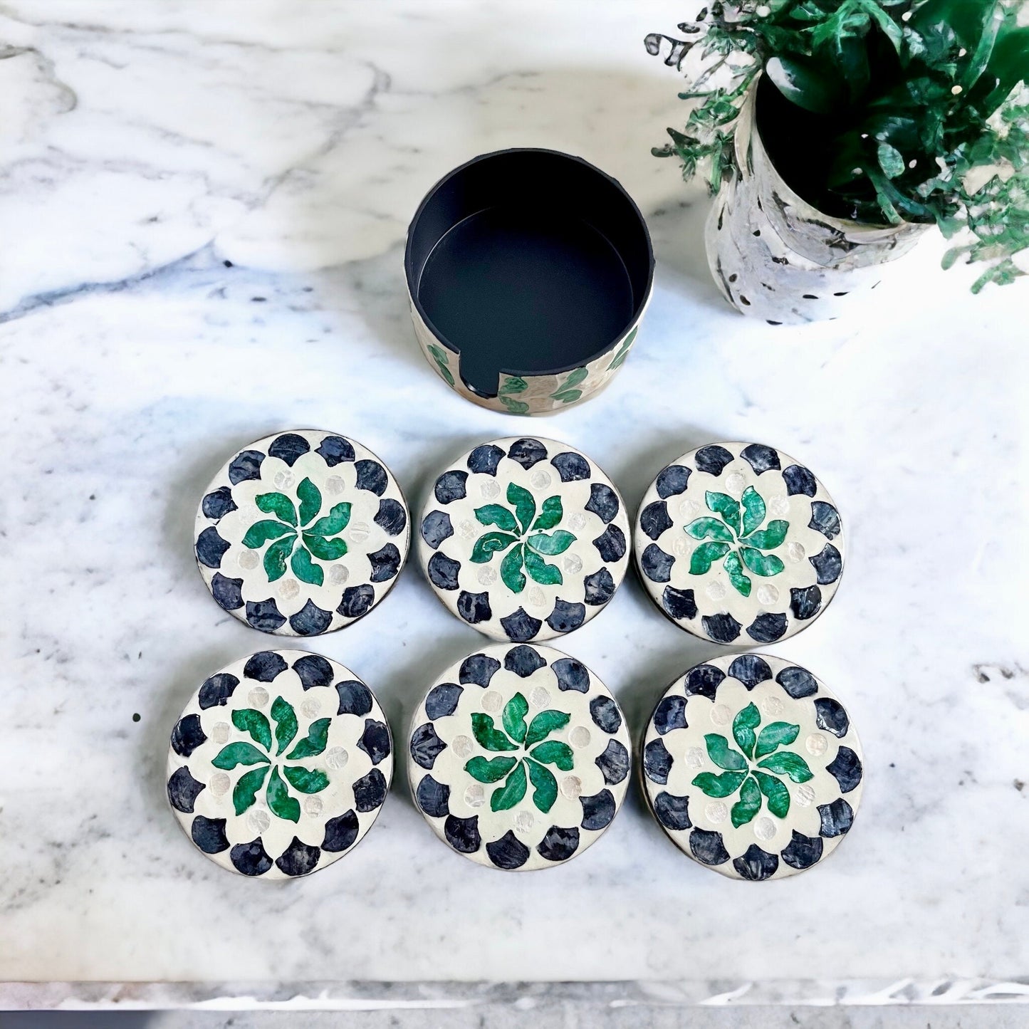 Green Floral Capiz Shell Coaster Set with Holder