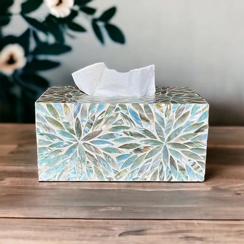 Rectangular Mother of Pearl Inlay Tissue Box: Aqua Flower Nacre Design
