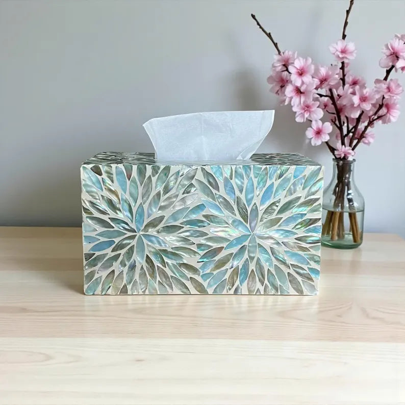Rectangular Mother of Pearl Inlay Tissue Box: Aqua Flower Nacre Design
