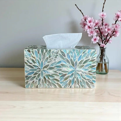 Rectangular Mother of Pearl Inlay Tissue Box: Aqua Flower Nacre Design
