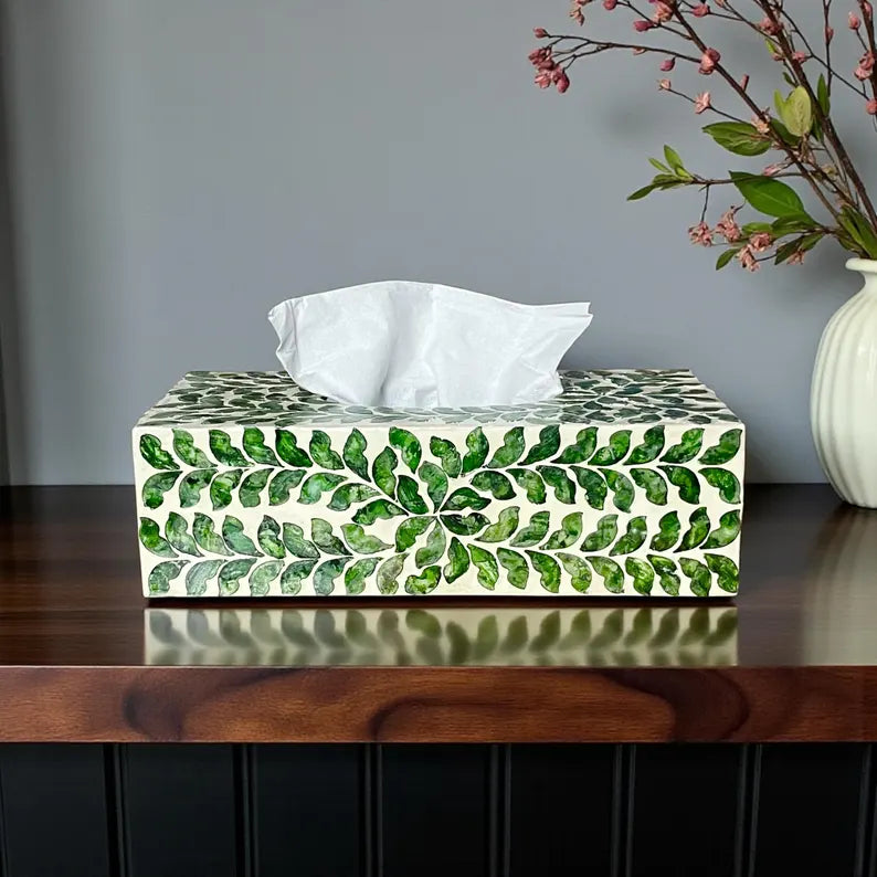Rectangular Green Leaf Capiz Shell Tissue Box Cover
