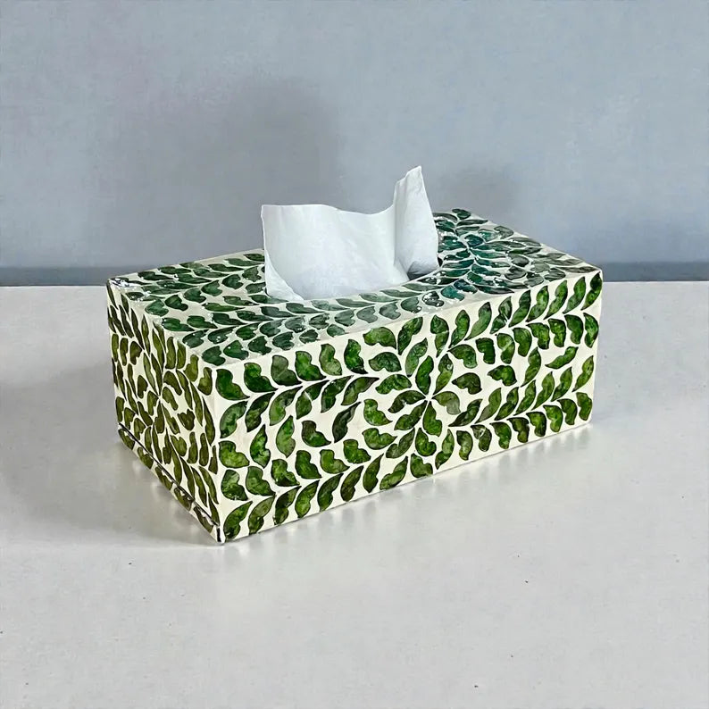 Rectangular Green Leaf Capiz Shell Tissue Box Cover