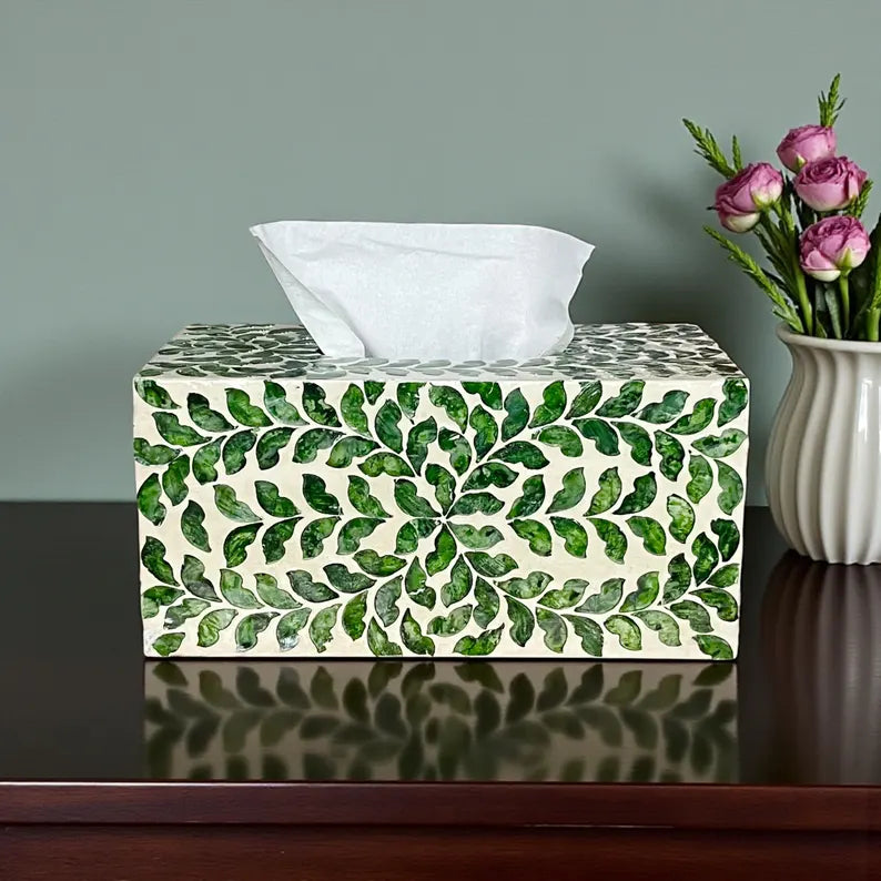 Rectangular Green Leaf Capiz Shell Tissue Box Cover