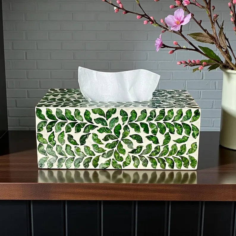 Rectangular Green Leaf Capiz Shell Tissue Box Cover