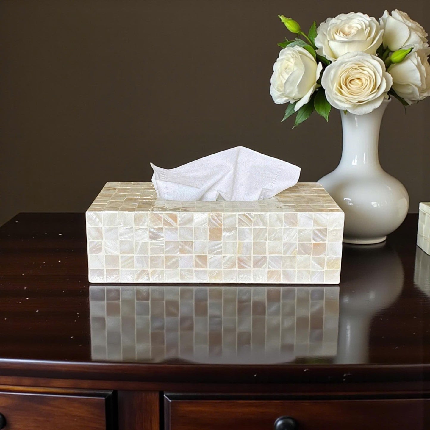 Ivory Rectangular Mother of Pearl Tissue Box Cover