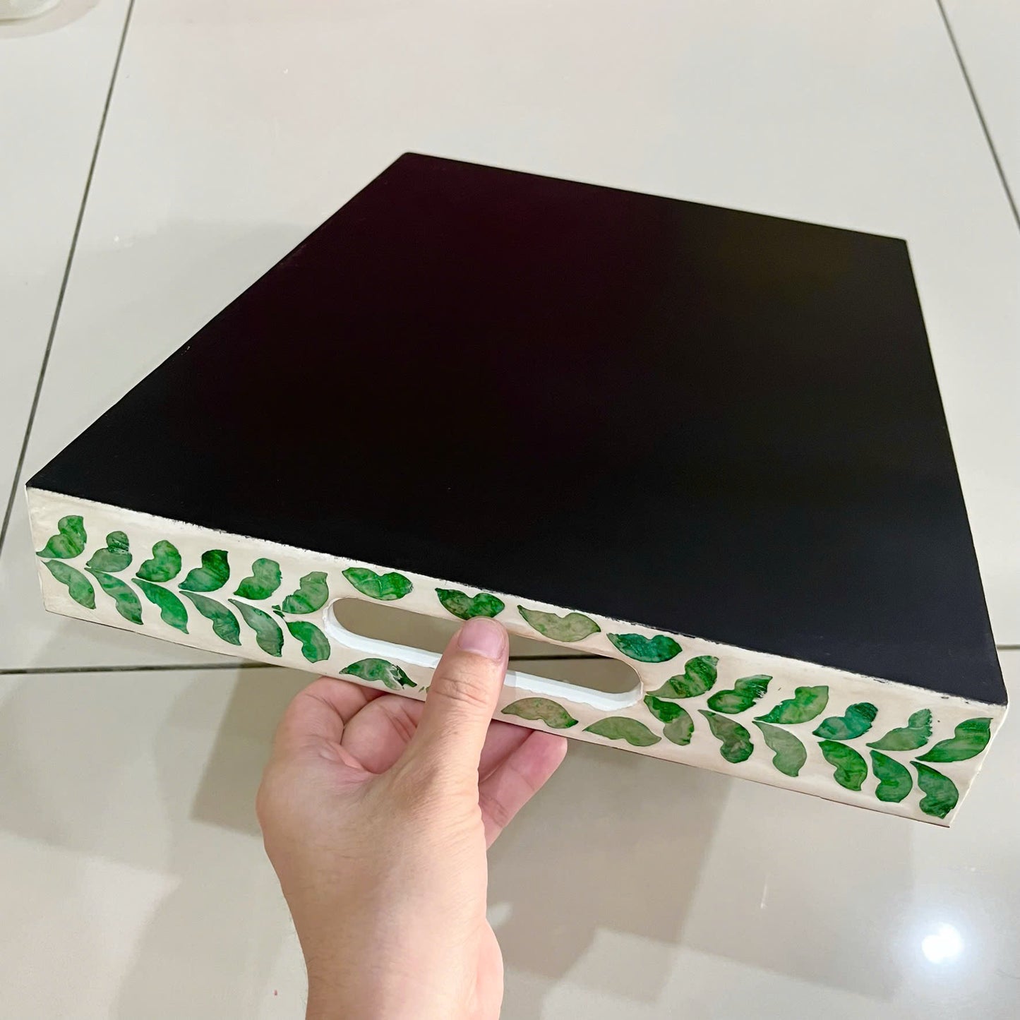 Rectangular Green Leaf Mother of Pearl & Capiz Shell Inlay Tray