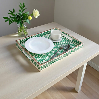 Rectangular Green Leaf Mother of Pearl & Capiz Shell Inlay Tray