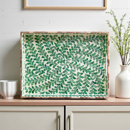 Rectangular Green Leaf Mother of Pearl & Capiz Shell Inlay Tray