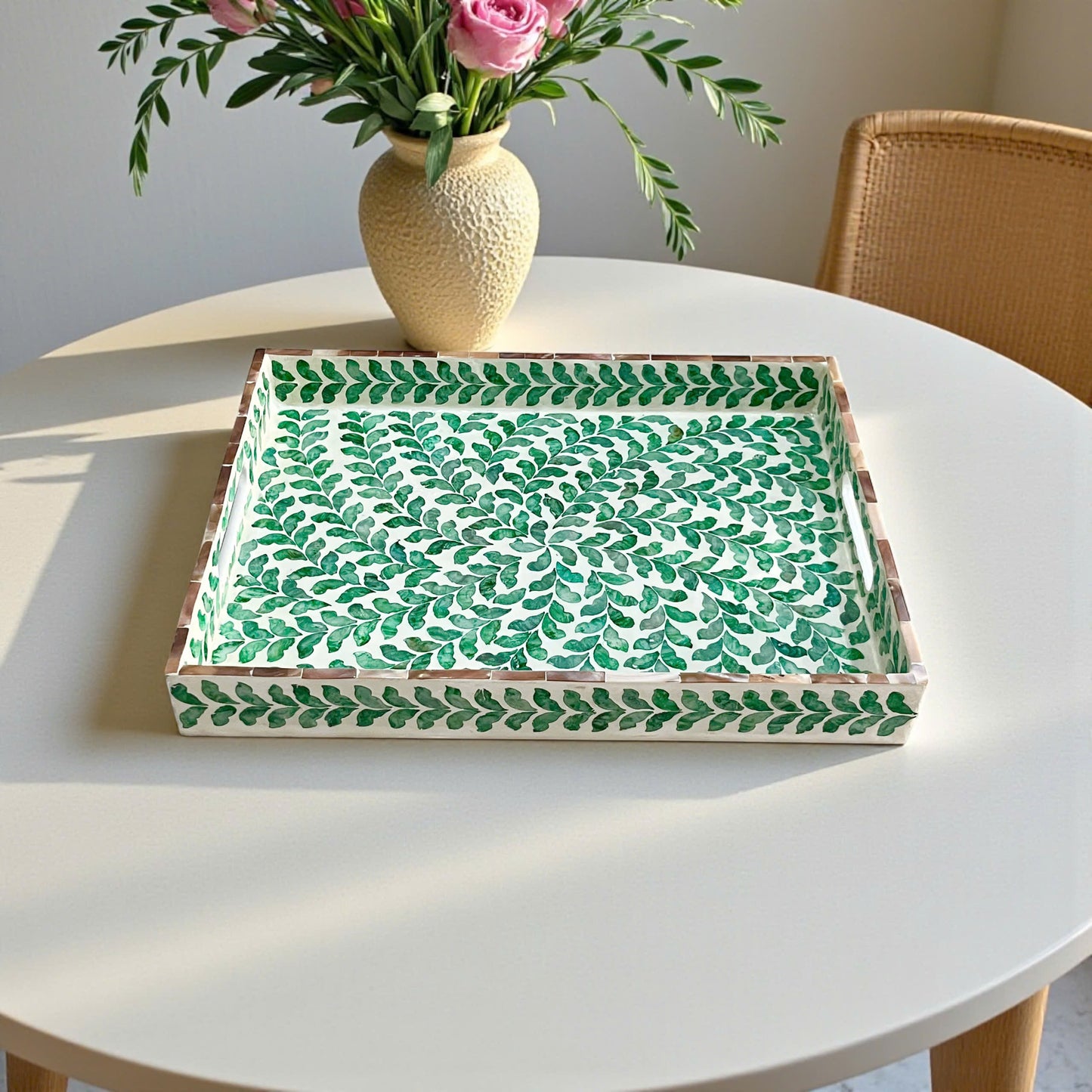 Rectangular Green Leaf Mother of Pearl & Capiz Shell Inlay Tray