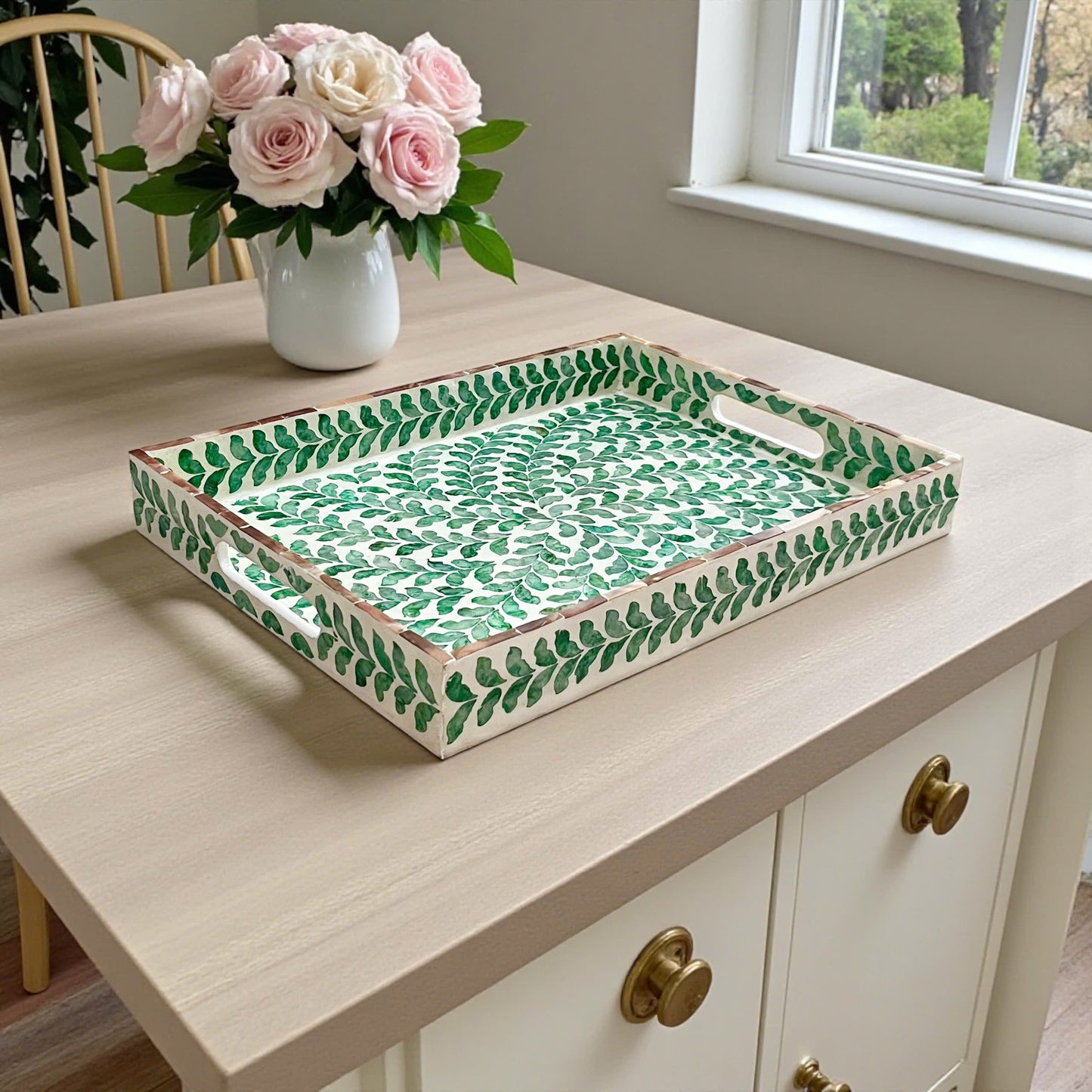 Rectangular Green Leaf Mother of Pearl & Capiz Shell Inlay Tray