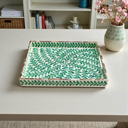 Rectangular Green Leaf Mother of Pearl & Capiz Shell Inlay Tray
