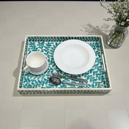Rectangular Mother of Pearl & Capiz Shell Blue Leaf Inlay Tray