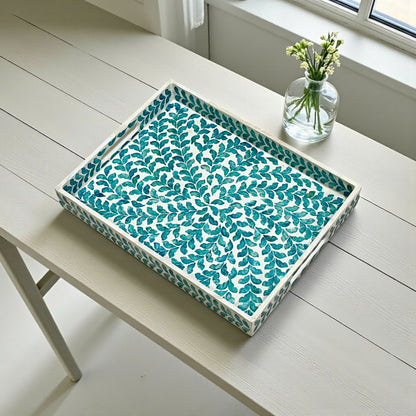 Rectangular Mother of Pearl & Capiz Shell Blue Leaf Inlay Tray