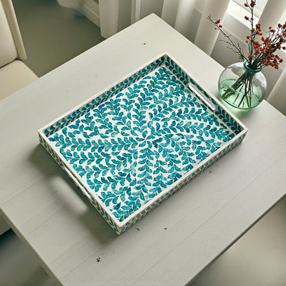 Rectangular Mother of Pearl & Capiz Shell Blue Leaf Inlay Tray