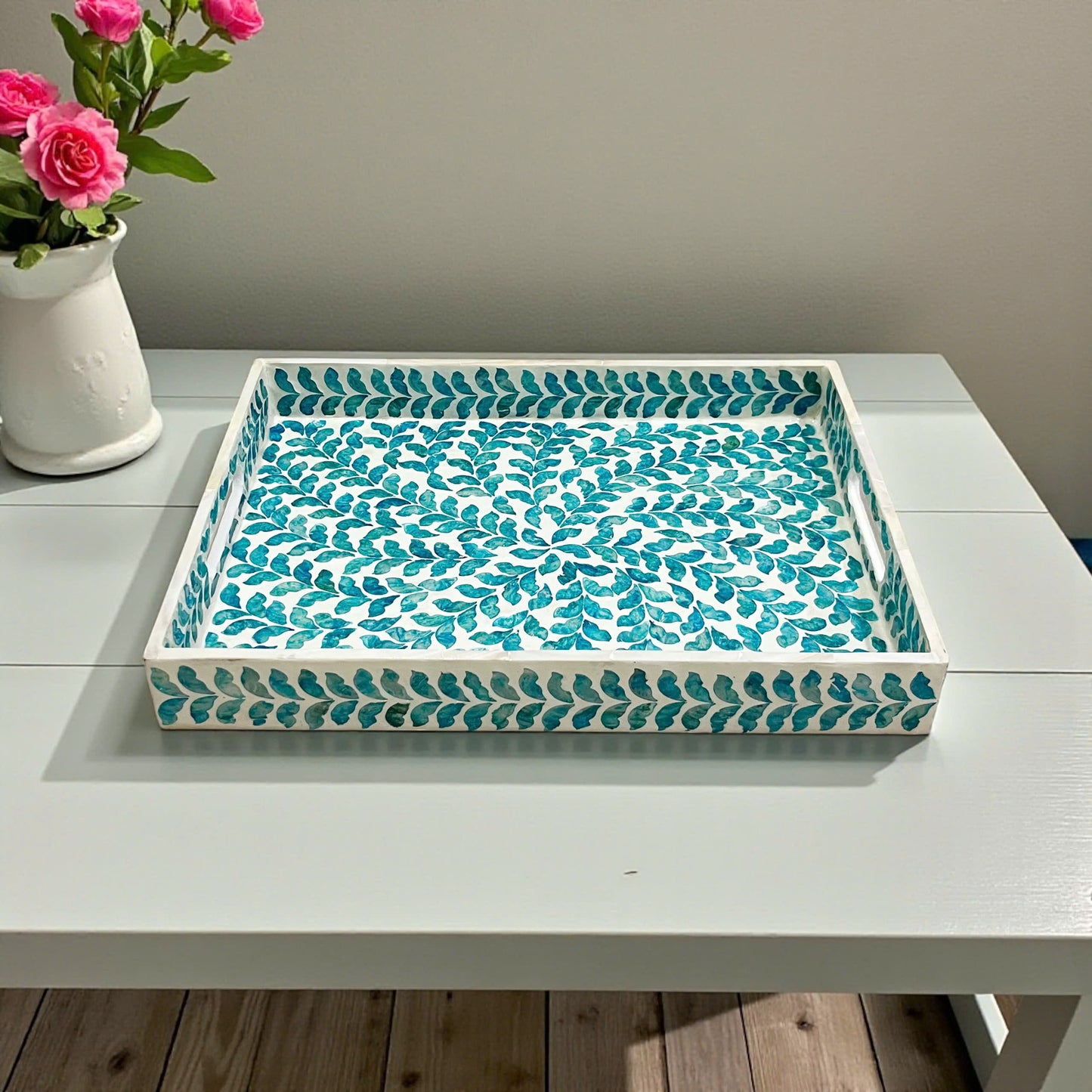 Rectangular Mother of Pearl & Capiz Shell Blue Leaf Inlay Tray