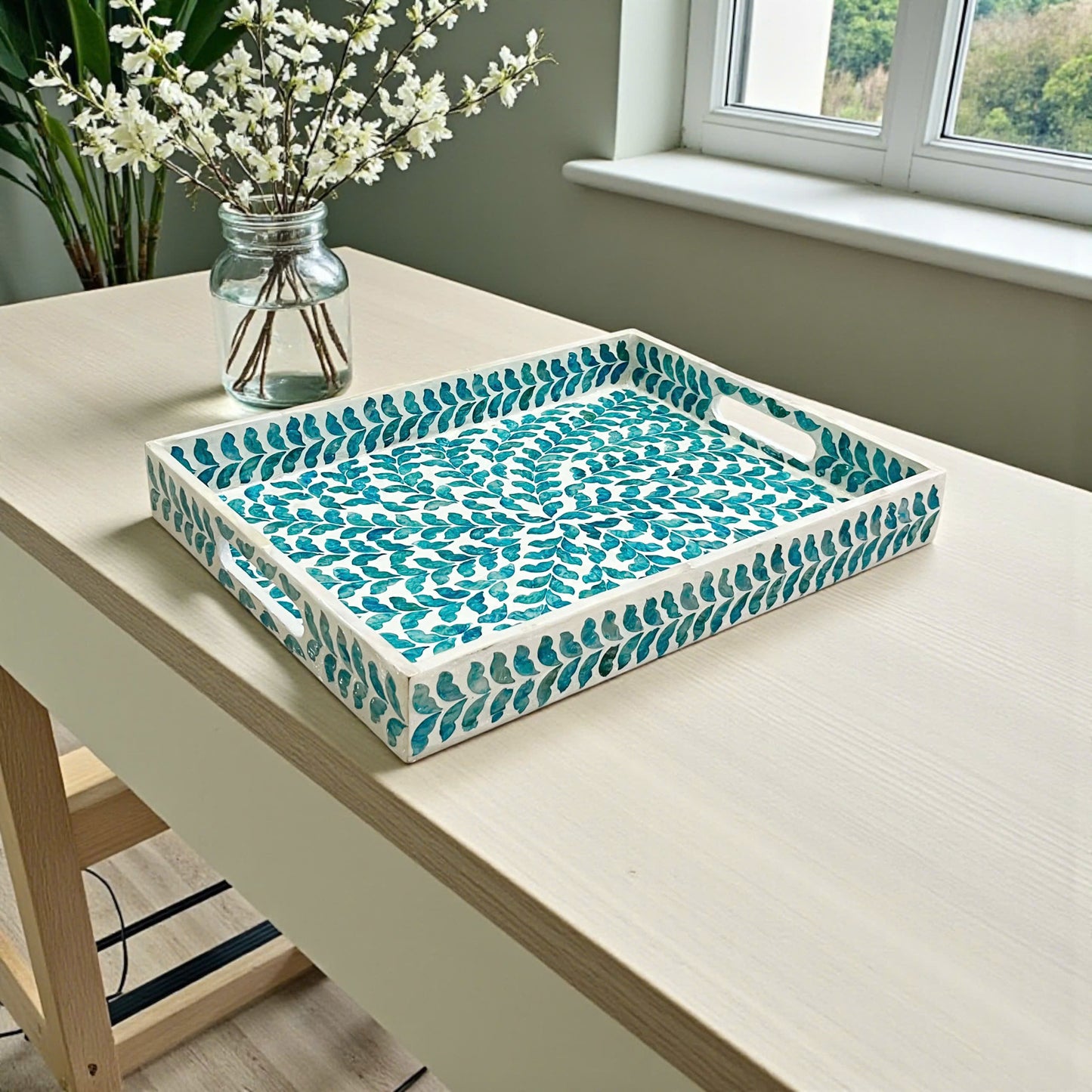 Rectangular Mother of Pearl & Capiz Shell Blue Leaf Inlay Tray