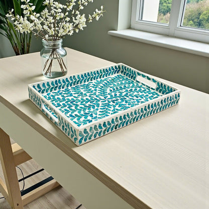 Rectangular Mother of Pearl & Capiz Shell Blue Leaf Inlay Tray