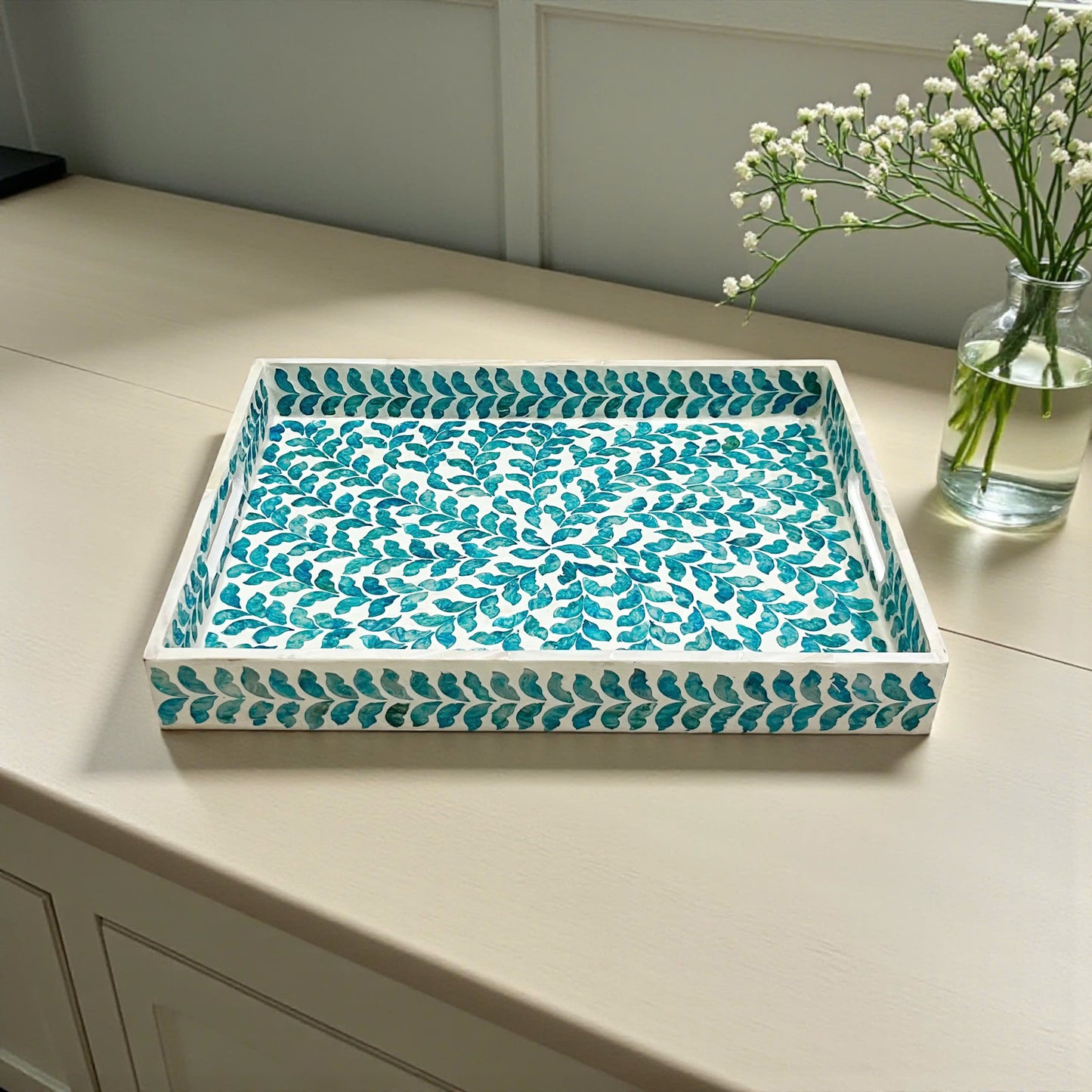 Rectangular Mother of Pearl & Capiz Shell Blue Leaf Inlay Tray