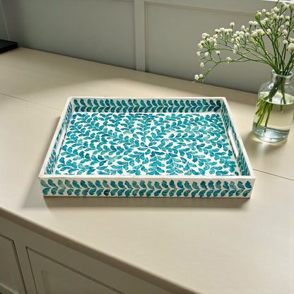 Rectangular Mother of Pearl & Capiz Shell Blue Leaf Inlay Tray