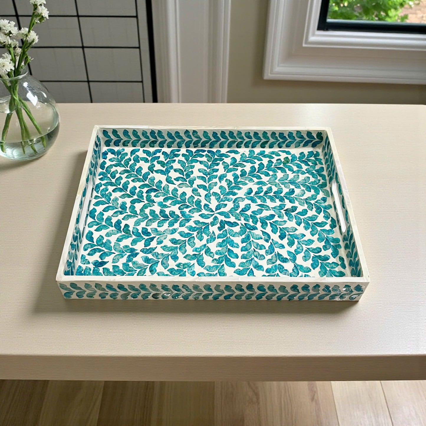 Rectangular Mother of Pearl & Capiz Shell Blue Leaf Inlay Tray