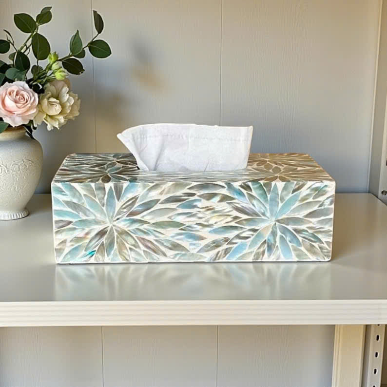 Rectangular Mother of Pearl Inlay Tissue Box: Aqua Flower Nacre Design